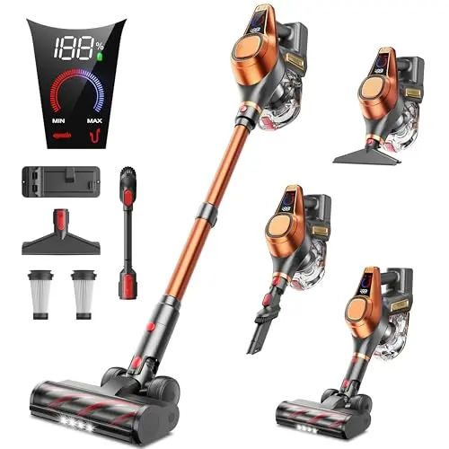 Fieety Akku Staubsauger Kabellos, 60 Min Laufzeit, Super Leise, Mit LED-Anzeige und Sofabürste für Hartböden und Teppiche (Orange)