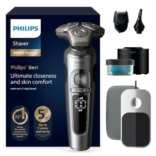 PHILIPS Rasierer S9000 Prestige - Elektrischer Nass- und Trockenrasierer mit SkinIQ, Bartstyler, Reinigungsstation und Qi-Ladepad