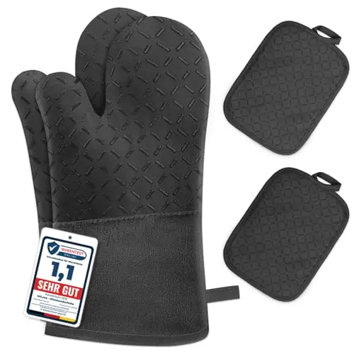 MILcea Ofenhandschuhe 4er Set - Hitzebeständig bis 300°C, Rutschschutz, Weich, Schwarz