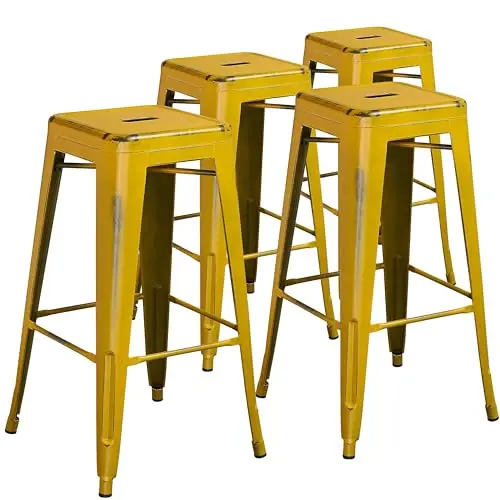 Flash Furniture 4er Set, 76,2 cm hohe, rückenfreie Metallstühle im Used-Look für drinnen und draußen