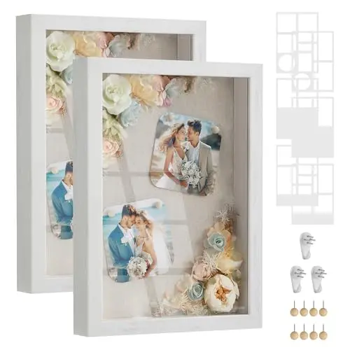 SONGMICS 2er Set Bilderrahmen mit 6 Passepartouts, Vintageweiß, für Fotos 10,2 x 15,2 cm und 10,2 x 10,2 cm