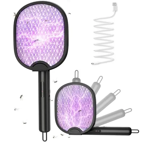 Elektrische Fliegenklatsche 4000V, wiederaufladbar, 3-in-1, LED-Licht, zusammenklappbar, Schwarz