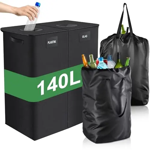 PHYSEN 140L Sammelbehälter für Pfandflaschen und Altglas, 2 Fächer mit Deckel, Schwarz