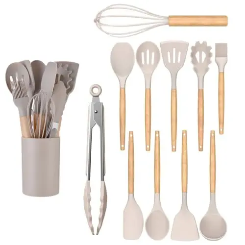 LiangYuanZen Küchenutensilien-Set, 12 Teile, Silikon & Holzgriffe, hitzebeständig, antihaftbeschichtet, spülmaschinenfest, Khaki