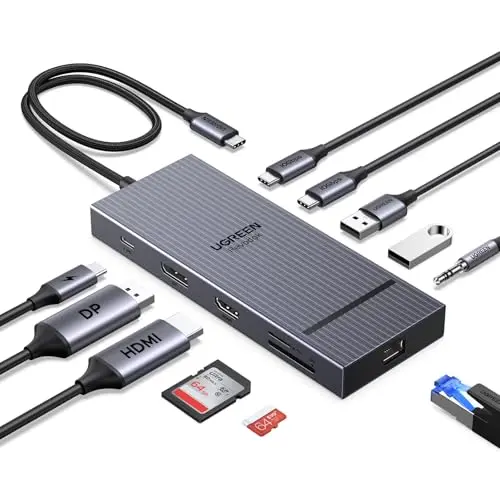 UGREEN Revodok Pro 2111 Docking Station für 2 Monitore - HDMI & DisplayPort 4K, USB-C, USB-A, SD/TF, LAN, Audio, 100W PD