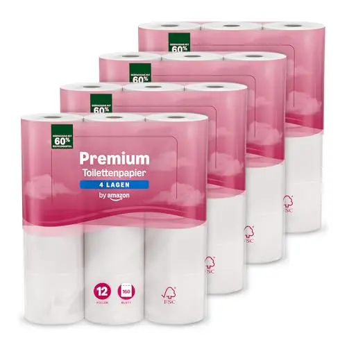Amazon Premium Toilettenpapier 4-lagig, 48 Rollen (4 x 12 Stück), 160 Blatt pro Rolle