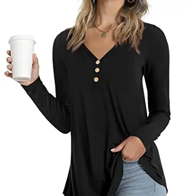 Ninee Damen Langarmshirt V-Ausschnitt Bluse mit Knopfleiste (Schwarz, Large)