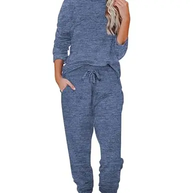 Ekouaer Damen Schlafanzug Lang Pyjama Set mit Taschen Marineblau