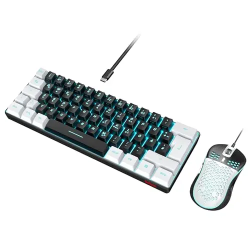 RedThunder 60% RGB Gaming Tastatur und Maus Set, Mini Tastatur mit 7200 DPI Maus, für PC und Konsolen (Schwarz-Weiß)