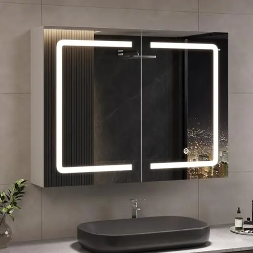 DICTAC Badezimmer-Spiegelschrank mit Beleuchtung, 80x60x16cm, LED, Steckdose, Doppeltür, weiß, berührungssensor