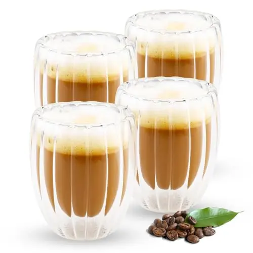 Doppelwandige Kaffeegläser, 4 Stück, 330 ML, für Latte, Cappuccino, Tee und Wasser