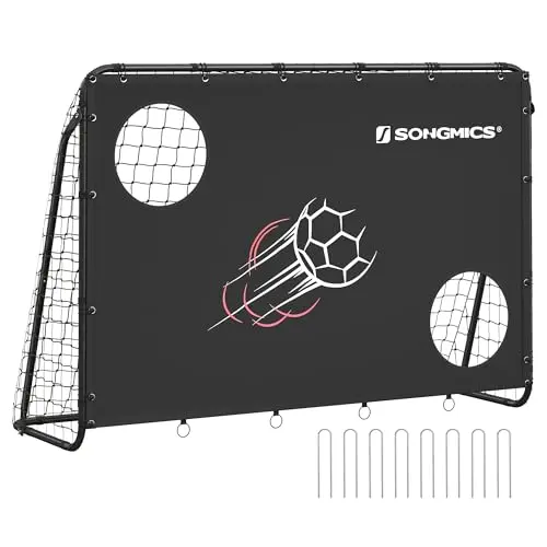 SONGMICS Fußballtor mit Torwand, 215x76x150 cm, für Garten, Strand & Spiele, Stahlrohre, PE-Netz, 2 Zielöffnungen mit Zählfunktion, schwarz