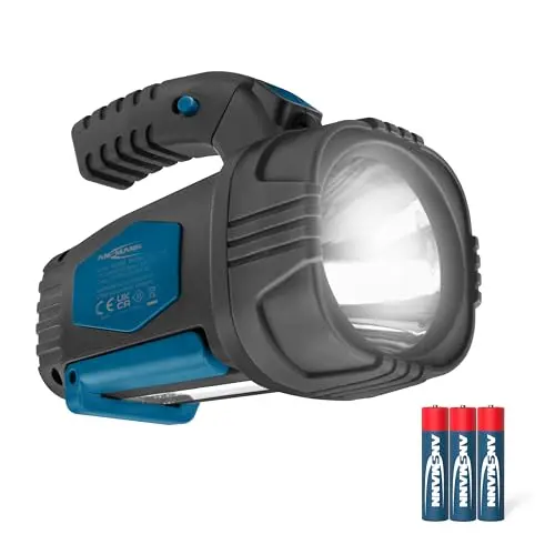ANSMANN LED Handscheinwerfer superhell mit 200m Leuchtweite, 8h Leuchtdauer, ideal für Camping, Arbeit und Outdoor-Aktivitäten