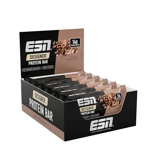 ESN Designer Bar Box Hazelnut Nougat, 12 x 45 g, idealer Snack mit 14 g Protein pro Riegel - made in Germany