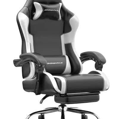 Dowinx Gaming Stuhl mit Massagefunktion, ergonomisch, höhenverstellbare Armlehnen, Fußstütze, neigbar, bis 180 kg, Weiß