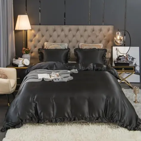 Koudi Satin Bettwäsche Set 200x200cm Schwarz, 3-teilig mit Reißverschluss und 2 Kissenbezügen 80x80cm