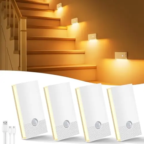 Nachtlicht mit Bewegungsmelder, 4 Stück, USB-C aufladbar, 3 Modi, Warmweiß, für Treppen, Flure, Kinderzimmer, Schlafzimmer, Küche