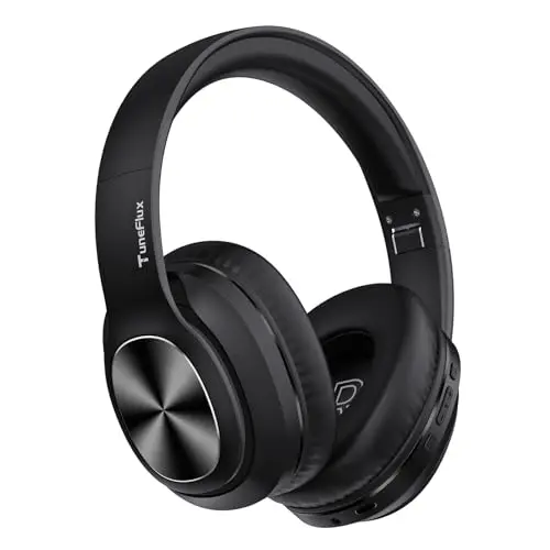 TuneFlux Bluetooth Over-Ear Kopfhörer, 80 Std Akkulaufzeit, Kabellos mit HiFi-Stereo und Mikrofon, Faltbar - Schwarz