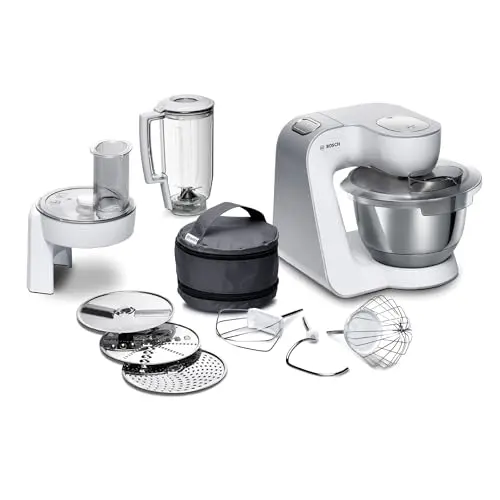 Bosch Küchenmaschine Serie 4 mit Edelstahl-Schüssel, Mixer und Durchlaufschnitzler, 1000 W, Weiß