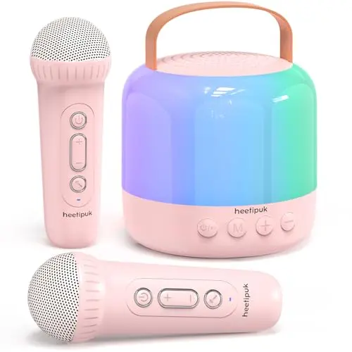 Mini-Karaoke-Maschine für Kinder, tragbare Bluetooth-Lautsprecher mit 2 Mikrofonen, LED-Karaoke-Speaker, Geschenk für Mädchen 3-11 Jahre - Rosa