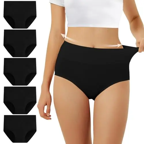 FALARY Damen Unterhosen Baumwolle Hohe Taille 5er Pack, Atmungsaktiv, Weiche Women Unterwäsche, Schwarz
