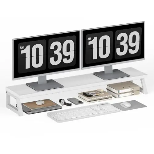 HOOBRO Monitorständer aus Holz für 2 Monitore, Schreibtischregal, Bildschirmerhöhung, Weiß