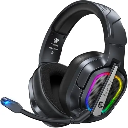 Fachixy Wireless Gaming Headset für PS4, PS5, PC, Mac, Switch, mit Noise-Cancelling Mikrofon und LED-Lichtern