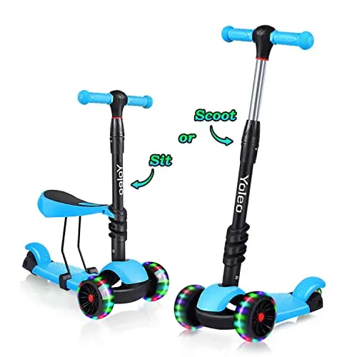 Yoleo 3-in-1 Kinder Roller Scooter mit abnehmbarem Sitz, höhenverstellbarem Lenker, PU-Rädern für Kinder ab 2 Jahre (Blau)