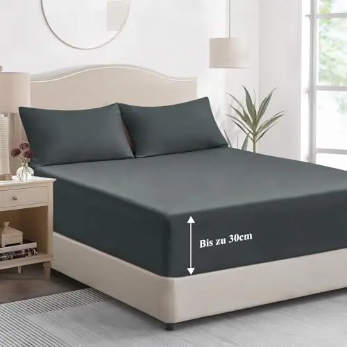 Tifschlaf Spannbettlaken 180x200 cm Grau - Weiches Mikrofaser Betttuch 30 cm Tiefe