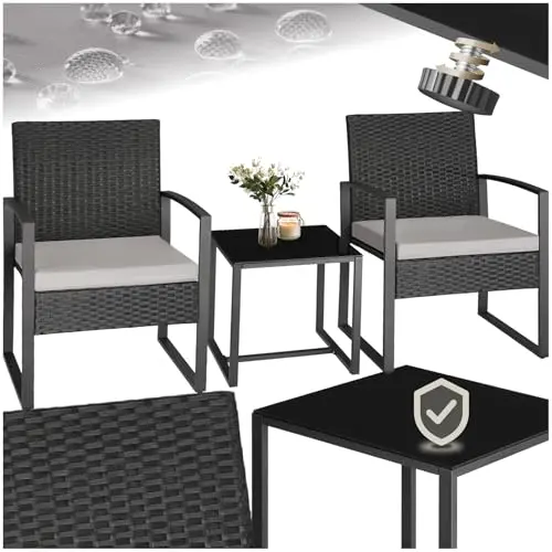 tectake® Rattan Lounge-Set mit 2 Sesseln, Tisch, Polstern – Wetterfeste Balkon- und Gartenmöbel