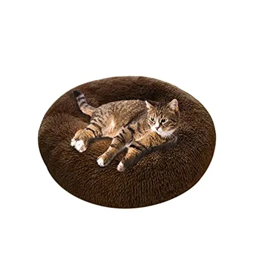 Andiker Plüsch Katzenbett, bequemes rundes Kissen für Katzen und Welpen, Anti-Rutsch, braun