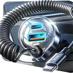 LISEN 65W Auto Ladegerät mit USB C und Aufroll-Spiralkabel für iPhone und Galaxy