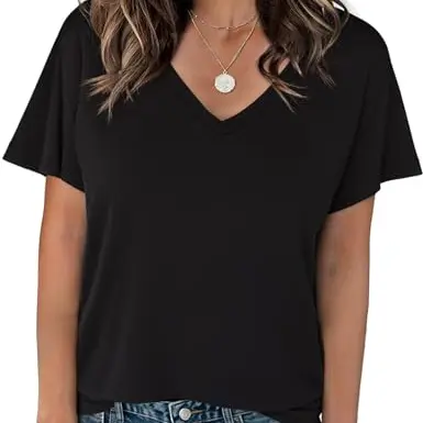 Damen T-Shirt kurzarm V-Ausschnitt Sommer Basic, einfarbig, locker, Stretch Baumwolle, elegant, schwarz