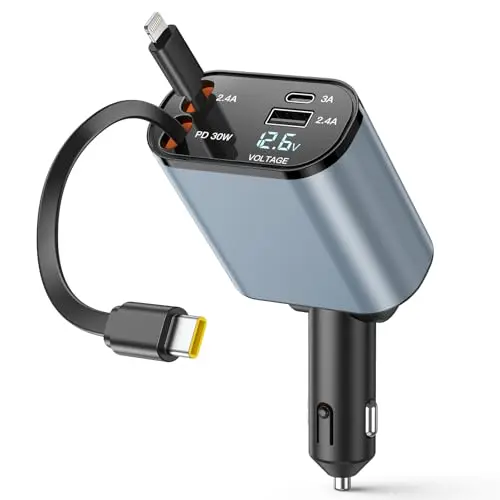 Einziehbares 69W USB Auto Ladegerät - Schnellladegerät für iPhone, iPad, Samsung und Pixel