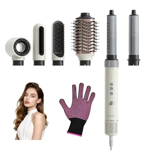KAUGIC 6-in-1 Hot Air Hairstyler mit Rundbürste, Lockenstab und Volumizer - Schnelltrocknung ohne Hitzeschäden - Cremeweiß