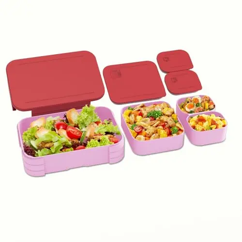 XJIANFU Brotdose für Kinder, Auslaufsichere 3-in-1 Bento-Box, Lunchbox für Mädchen & Jungen, Mikrowelle/spülmaschinenfest (Pink)