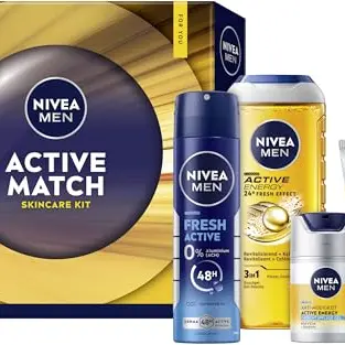 NIVEA MEN Active Match Geschenkset für Männer – Duschgel, Deo Spray, Feuchtigkeitspflege und Waschgel