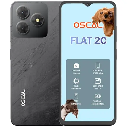 OSCAL Flat 2C Handy Ohne Vertrag | 6GB RAM, 64GB ROM, 6,56” HD+ Display, 5000mAh Akku, 13MP Kamera | Dual SIM, Simlockfrei