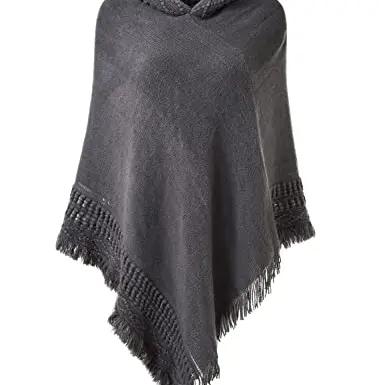 Ferand Damen Poncho mit Kapuze und Fransensaum - Grau - One Size - Herbst/Winter