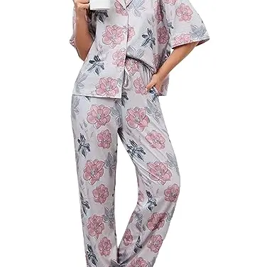 Famulily Damen Kurzarm Pyjama Set aus Baumwolle mit Taschen - Zweiteiliges Loungewear Set in Beige, Größe M