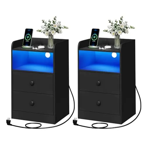 WOLTU Nachttisch 2er Set mit Steckdose und LED-Beleuchtung, schwarz, 2 Schubladen, 40 x 35 x 64 cm