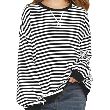 Haloumoning Sweatshirt für Mädchen, gestreift, Rundhalsausschnitt, langarm, schwarz, 7-8 Jahre