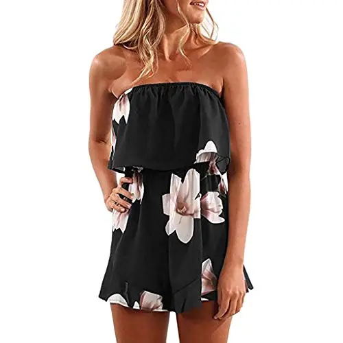 Damen Sommer Jumpsuit Kurz Luftig mit Blumenmuster, Boho Style, perfekt für Strand und Urlaub