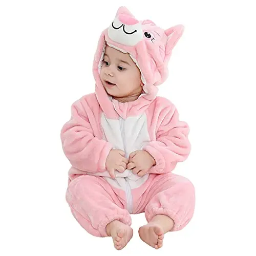 DEBAIJIA Baby Spielanzug Flanell Strampler mit Kapuze für Winter (30-36M, Rosa)