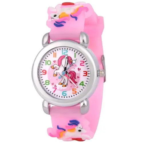 OFFCUP Kinderuhr mit 3D Cartoon Einhorn, Silikonarmband, für Mädchen und Jungen von 3 bis 11 Jahren - Hellrosa