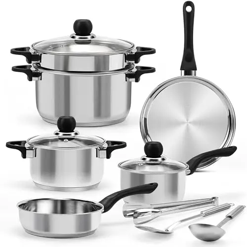 12-teiliges Edelstahl Topf- und Pfannenset, induktionsgeeignet, inkl. Dampfer und Utensilien, spülmaschinenfest