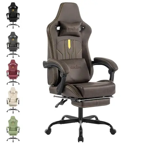 SUKIDA Gaming Stuhl mit Fußstütze und Lendenwirbelstütze, ergonomischer Bürostuhl, braun