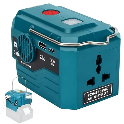 200W Akku Wechselrichter für Makita 18V Akku, 220V Spannungswandler mit USB-C und LED Lampe für Camping