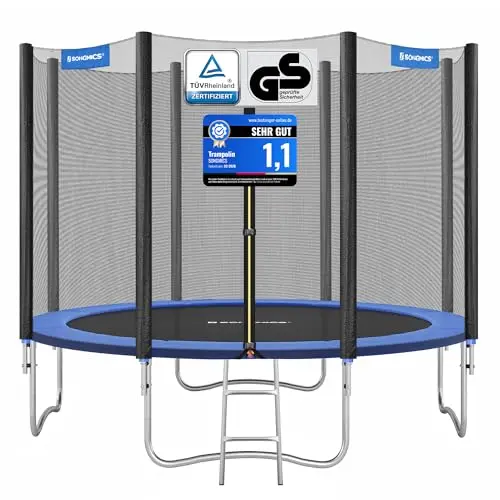 SONGMICS Gartentrampolin Ø 305 cm mit Sicherheitsnetz und Leiter, blau