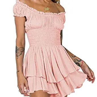 Pink Queen Damen Schulterfreies Boho Minikleid Jumpsuit mit kurzen Ärmeln in Rosa